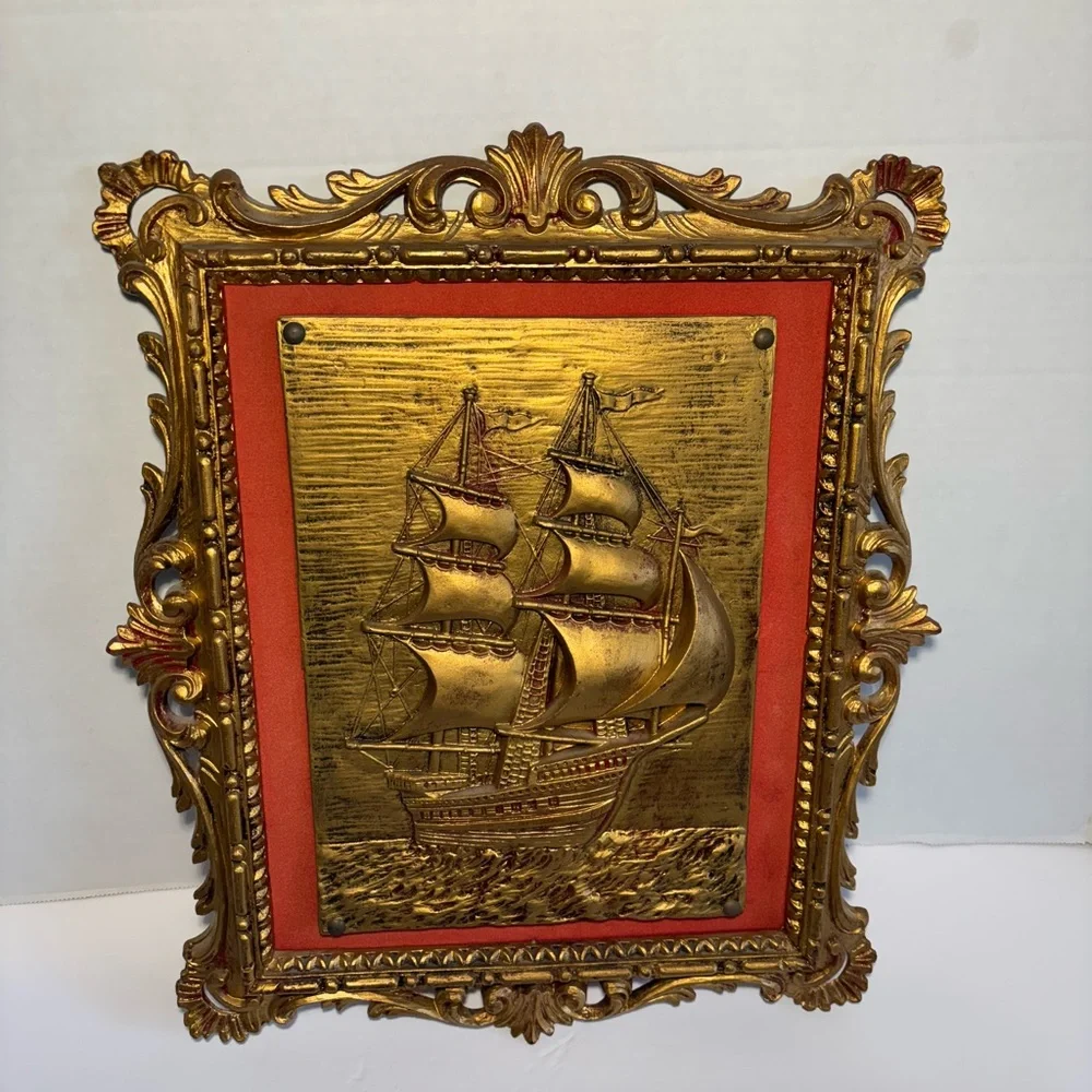 VTG Ornately Framed Schooner Ship Italy Red Velvet Matte Wall Hanging Goldtone